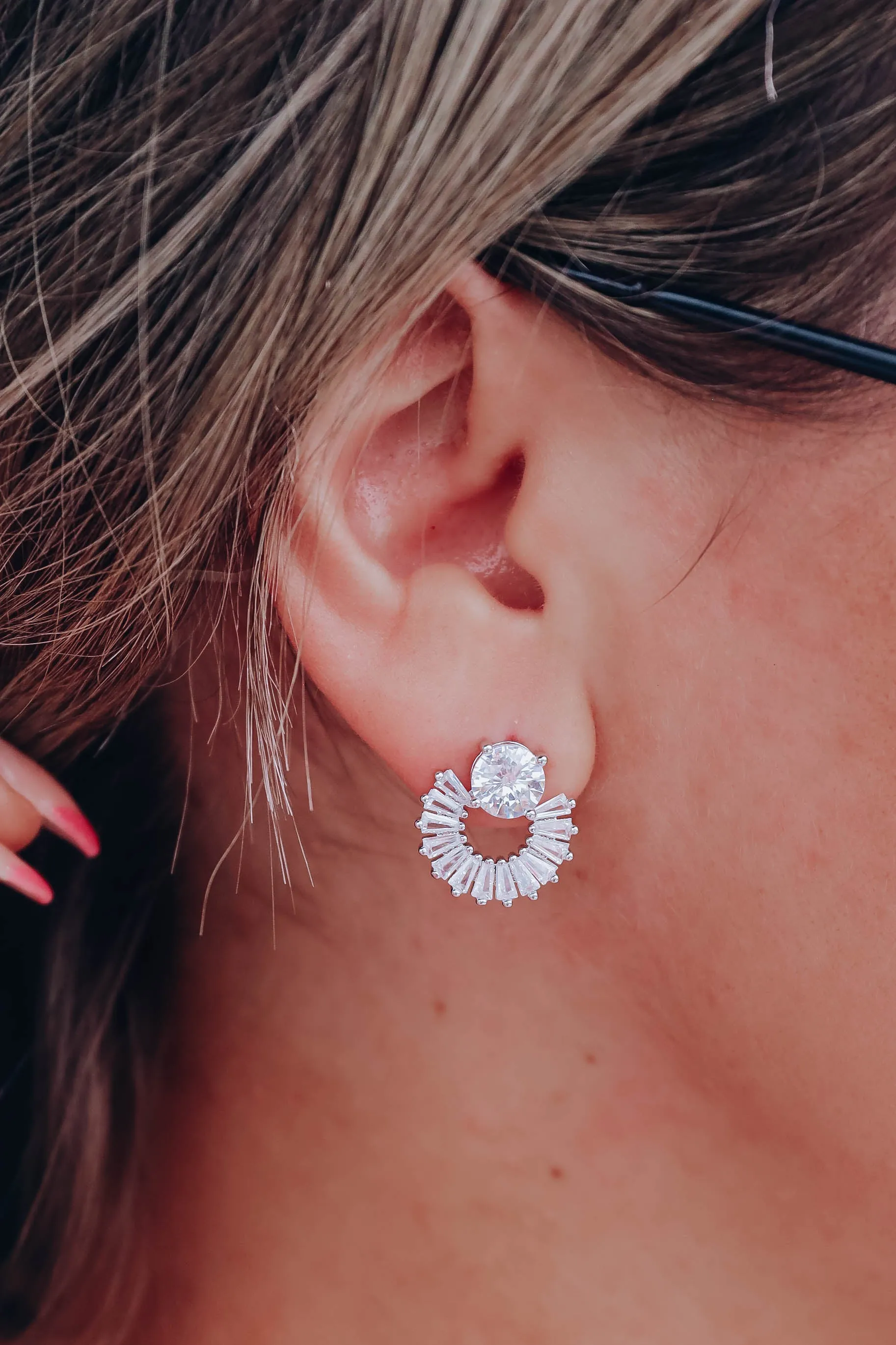 Open Crystal Stud Earrings - Silver