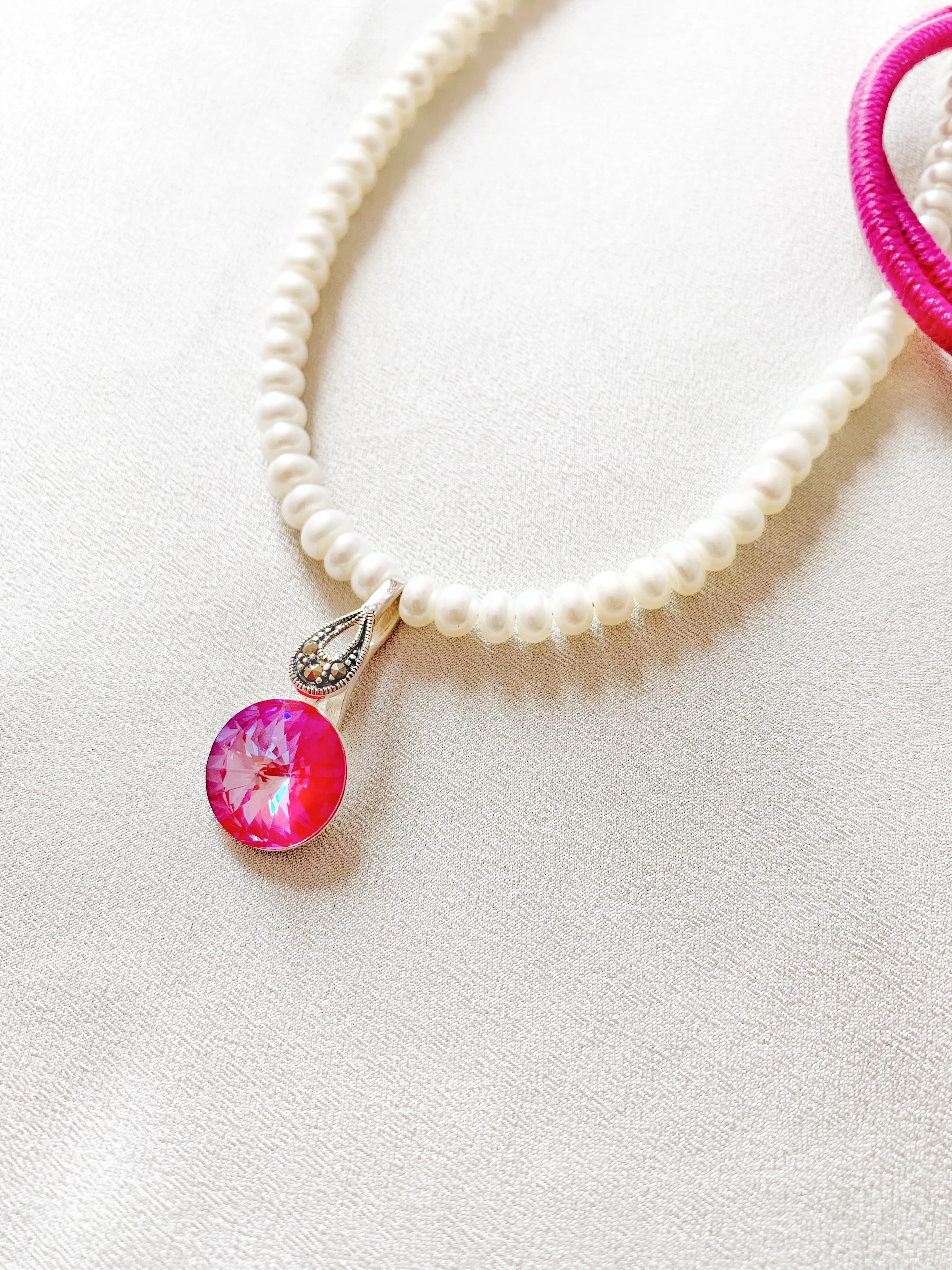 Pearl Necklace with Crystal Pendant - Crystal
