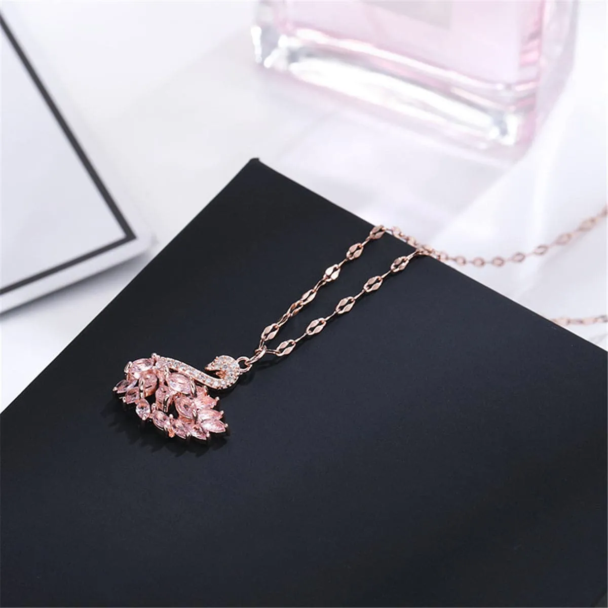 Pink Crystal 18K Rose Gold-Plated Swan Pendant Necklace
