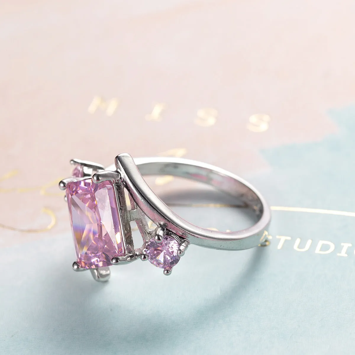 Pink Crystal & Cubic Zirconia Curve Princess-Cut Ring