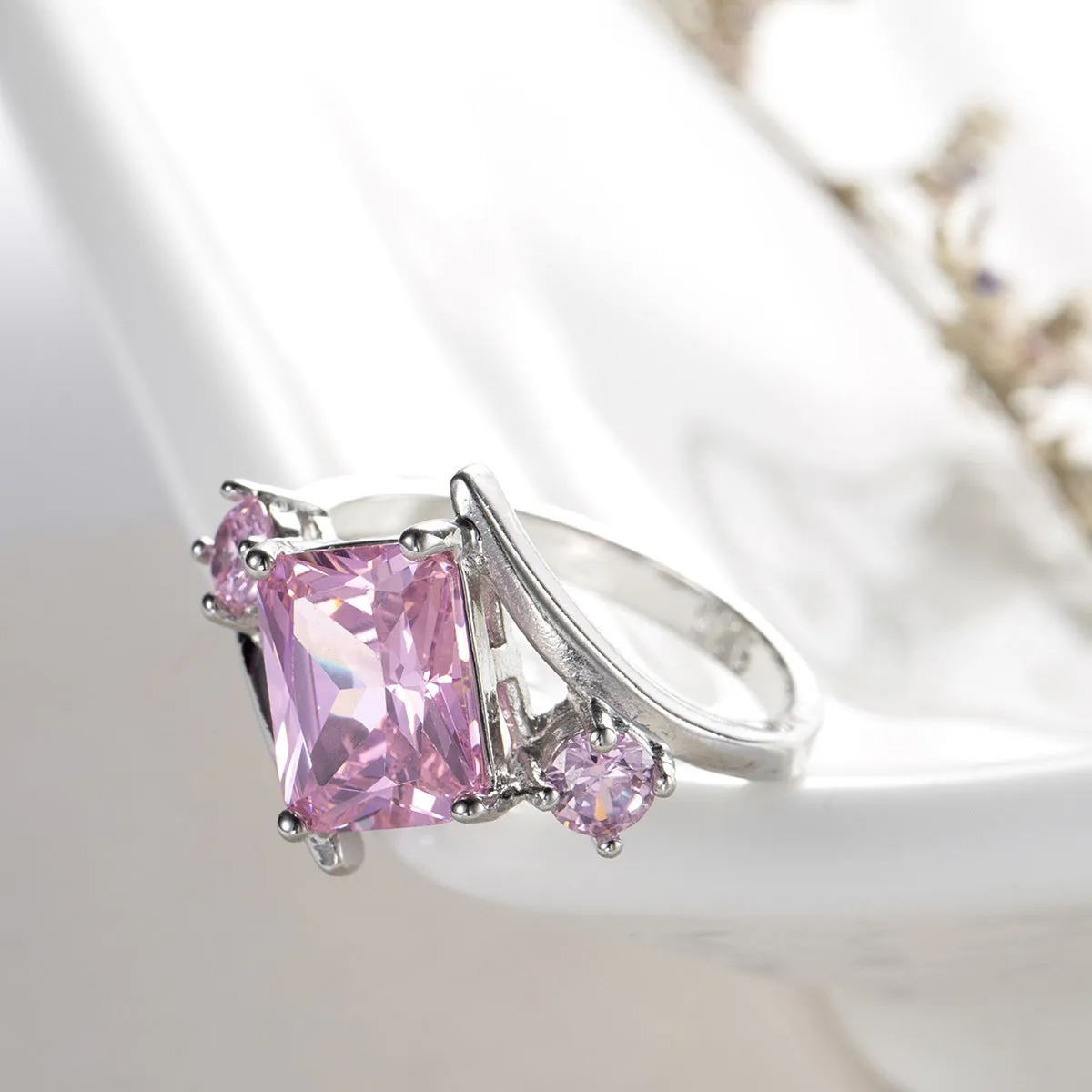 Pink Crystal & Cubic Zirconia Curve Princess-Cut Ring
