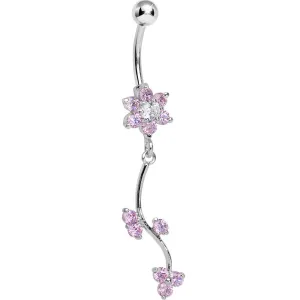 Pink Gem Trailing Vine and Flower Dangle Belly Ring