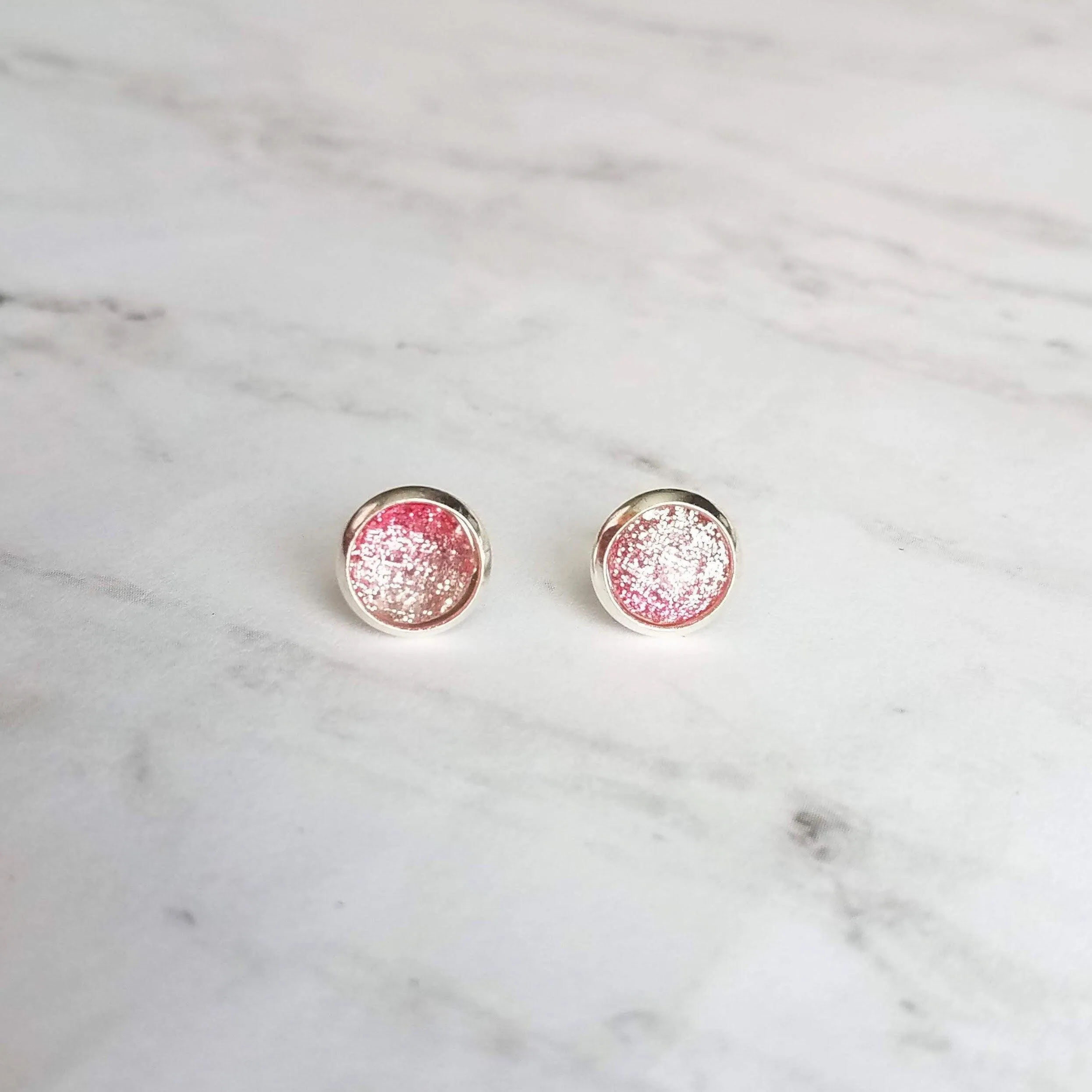 Pink Glitter Stud Earrings - glitter ombre gradient facet cut in little round silver bezel - small simple sparkling everyday jewelry