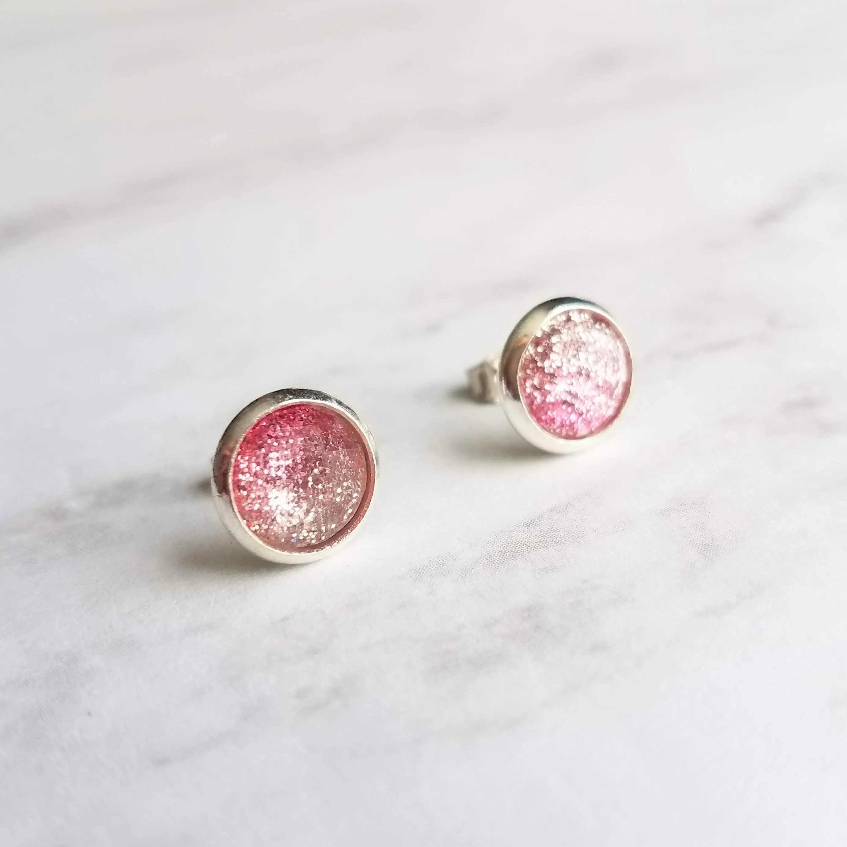 Pink Glitter Stud Earrings - glitter ombre gradient facet cut in little round silver bezel - small simple sparkling everyday jewelry