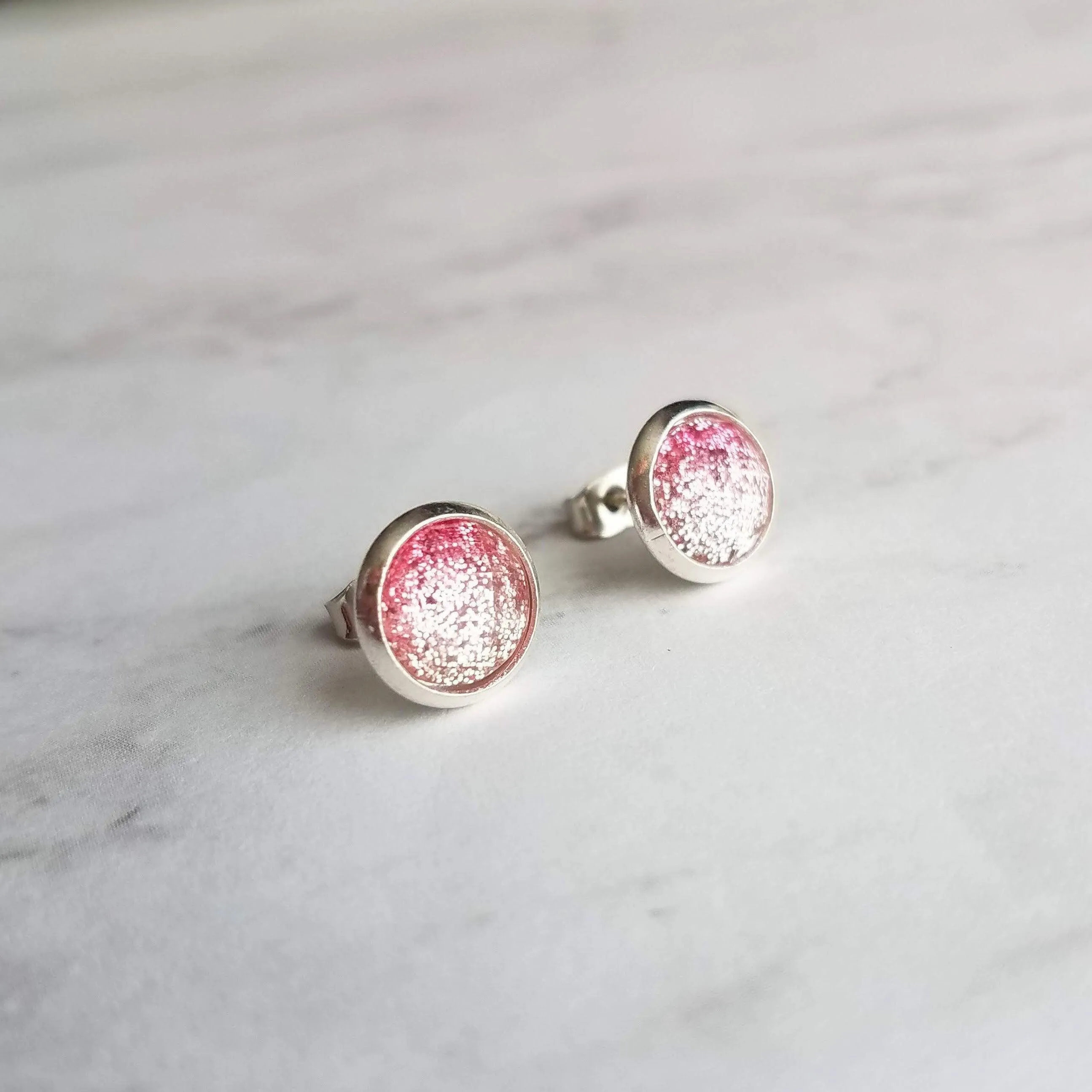 Pink Glitter Stud Earrings - glitter ombre gradient facet cut in little round silver bezel - small simple sparkling everyday jewelry