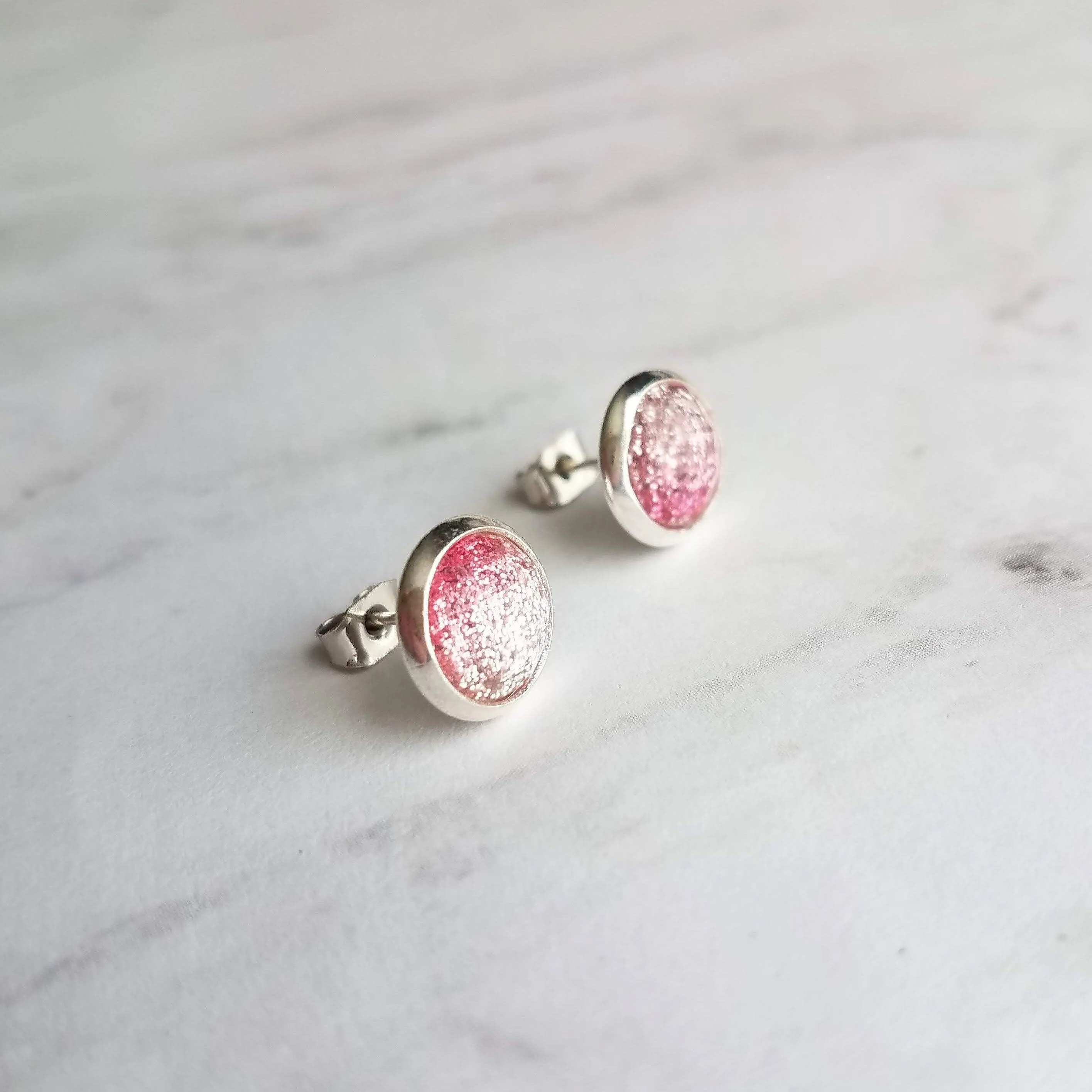 Pink Glitter Stud Earrings - glitter ombre gradient facet cut in little round silver bezel - small simple sparkling everyday jewelry