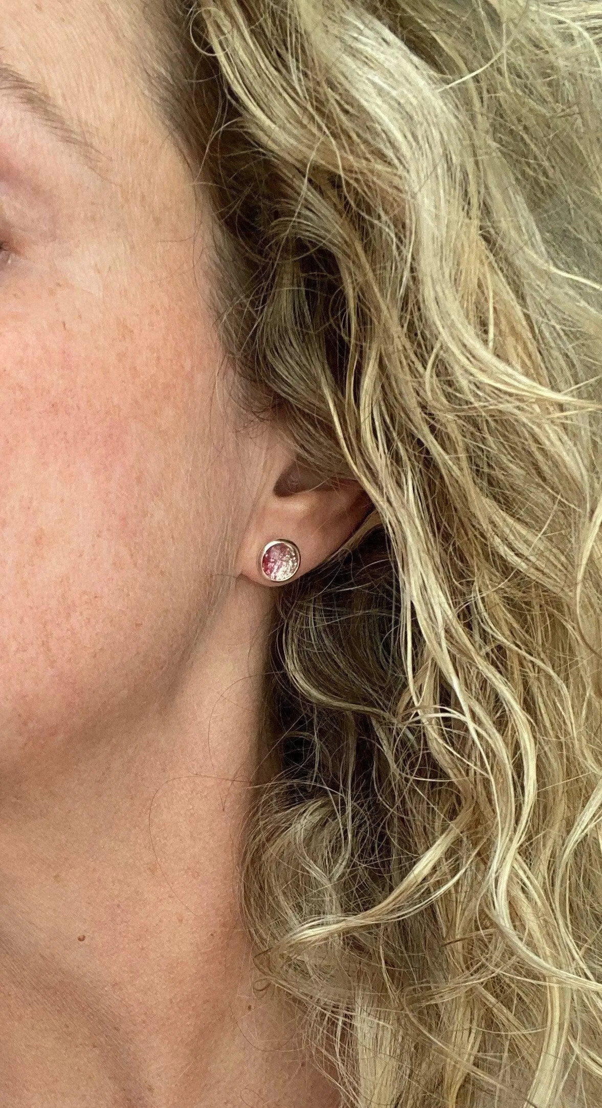 Pink Glitter Stud Earrings - glitter ombre gradient facet cut in little round silver bezel - small simple sparkling everyday jewelry