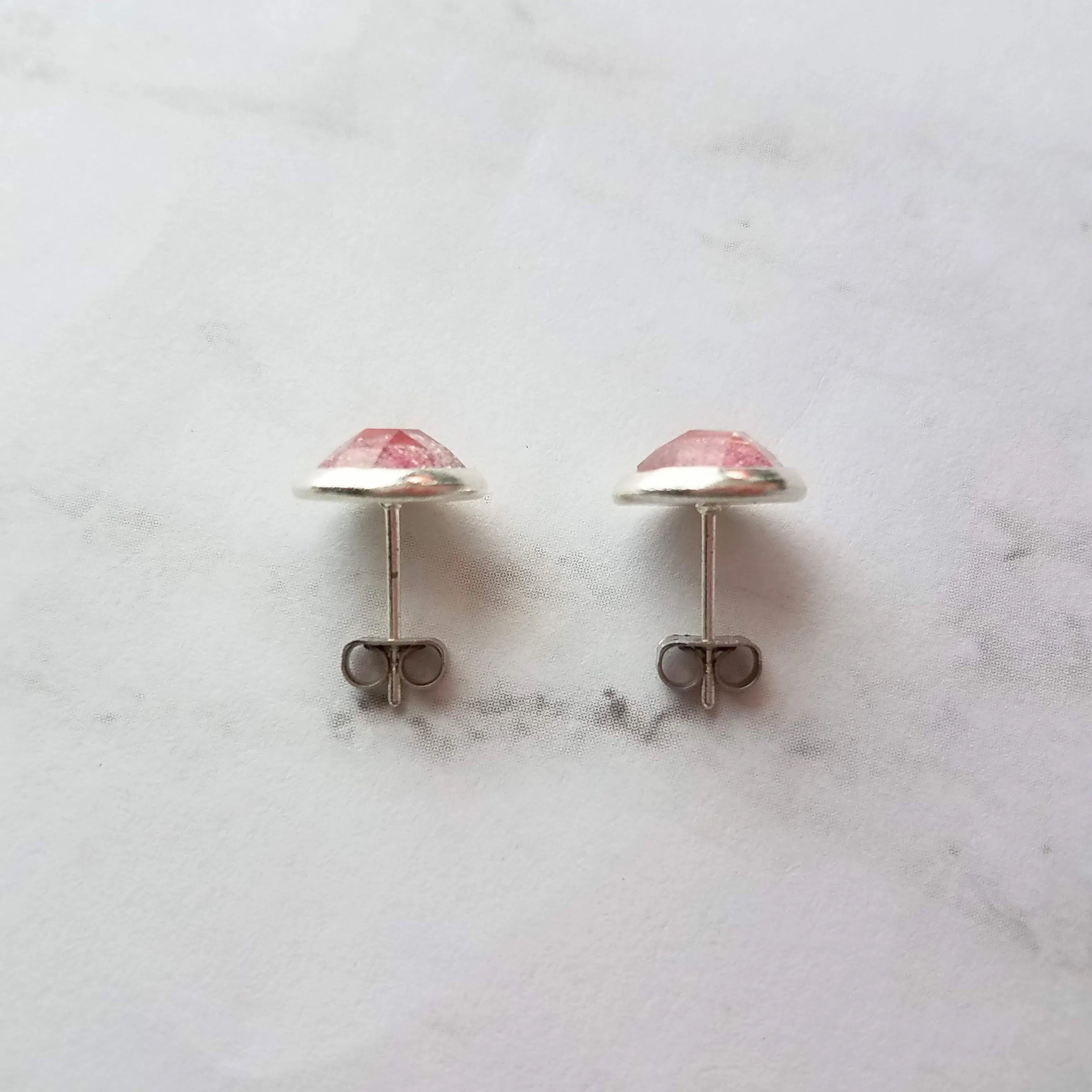 Pink Glitter Stud Earrings - glitter ombre gradient facet cut in little round silver bezel - small simple sparkling everyday jewelry