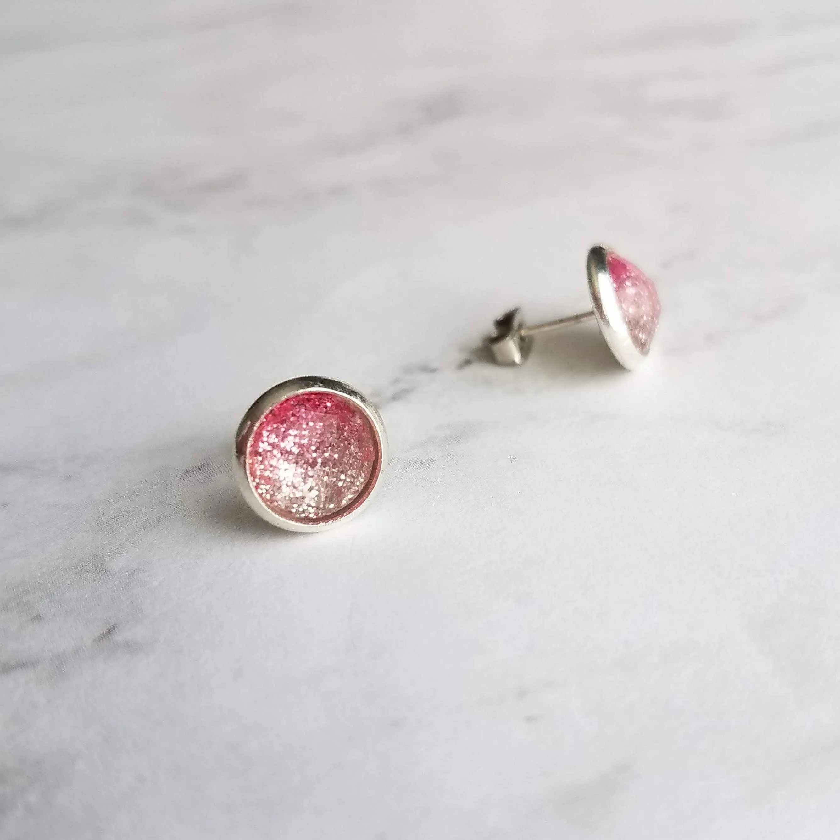Pink Glitter Stud Earrings - glitter ombre gradient facet cut in little round silver bezel - small simple sparkling everyday jewelry