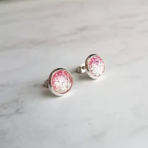Pink Glitter Stud Earrings - glitter ombre gradient facet cut in little round silver bezel - small simple sparkling everyday jewelry