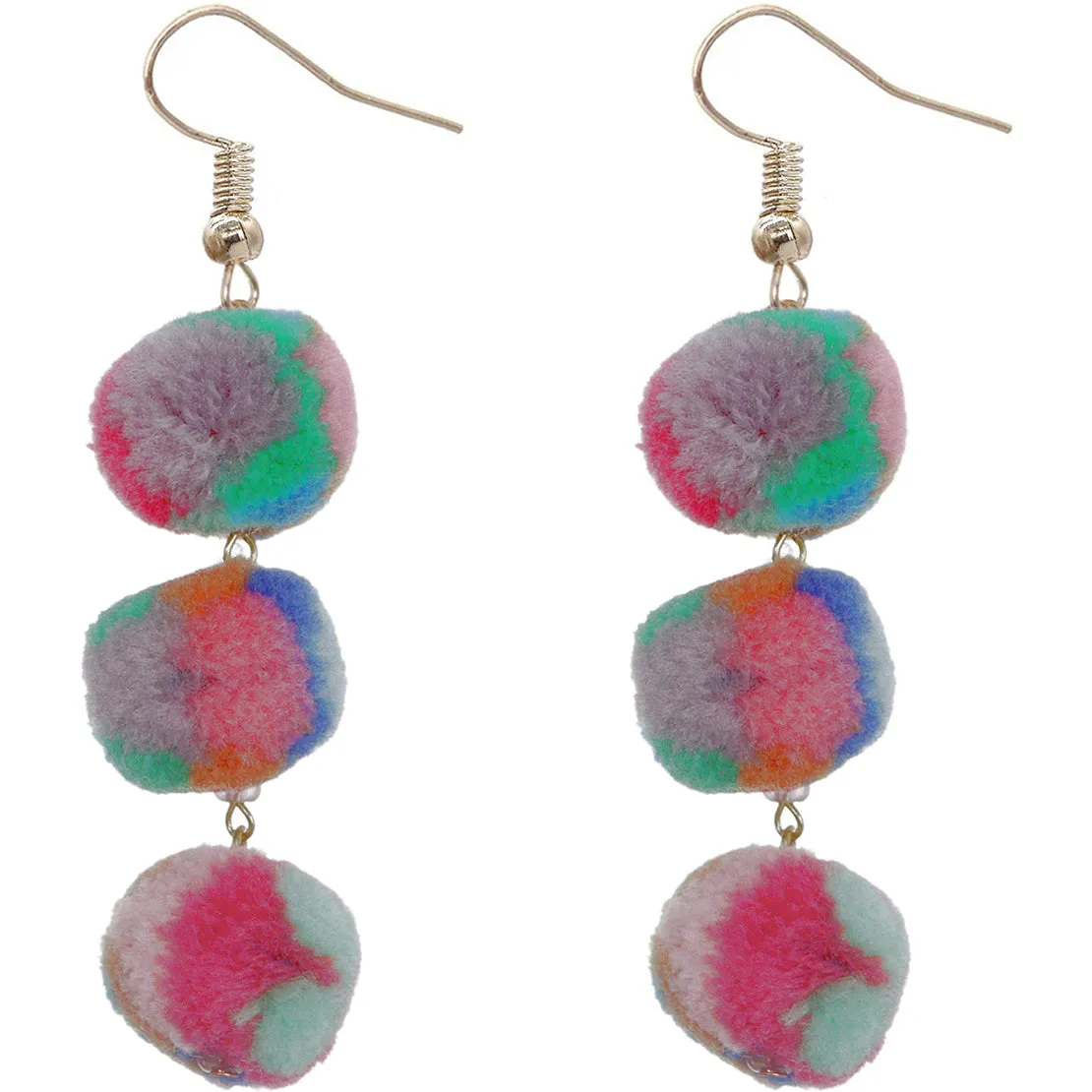 Pink Multicolor Triple Pom Pom Drop Earrings