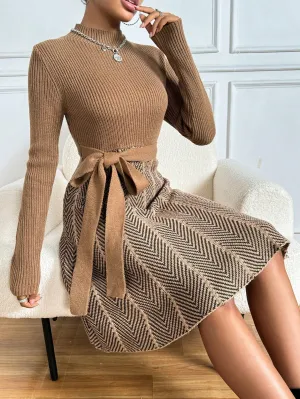 Privé Colorblock Herringbone Pattern Stand Collar Ribbed Knit Sweater Dress