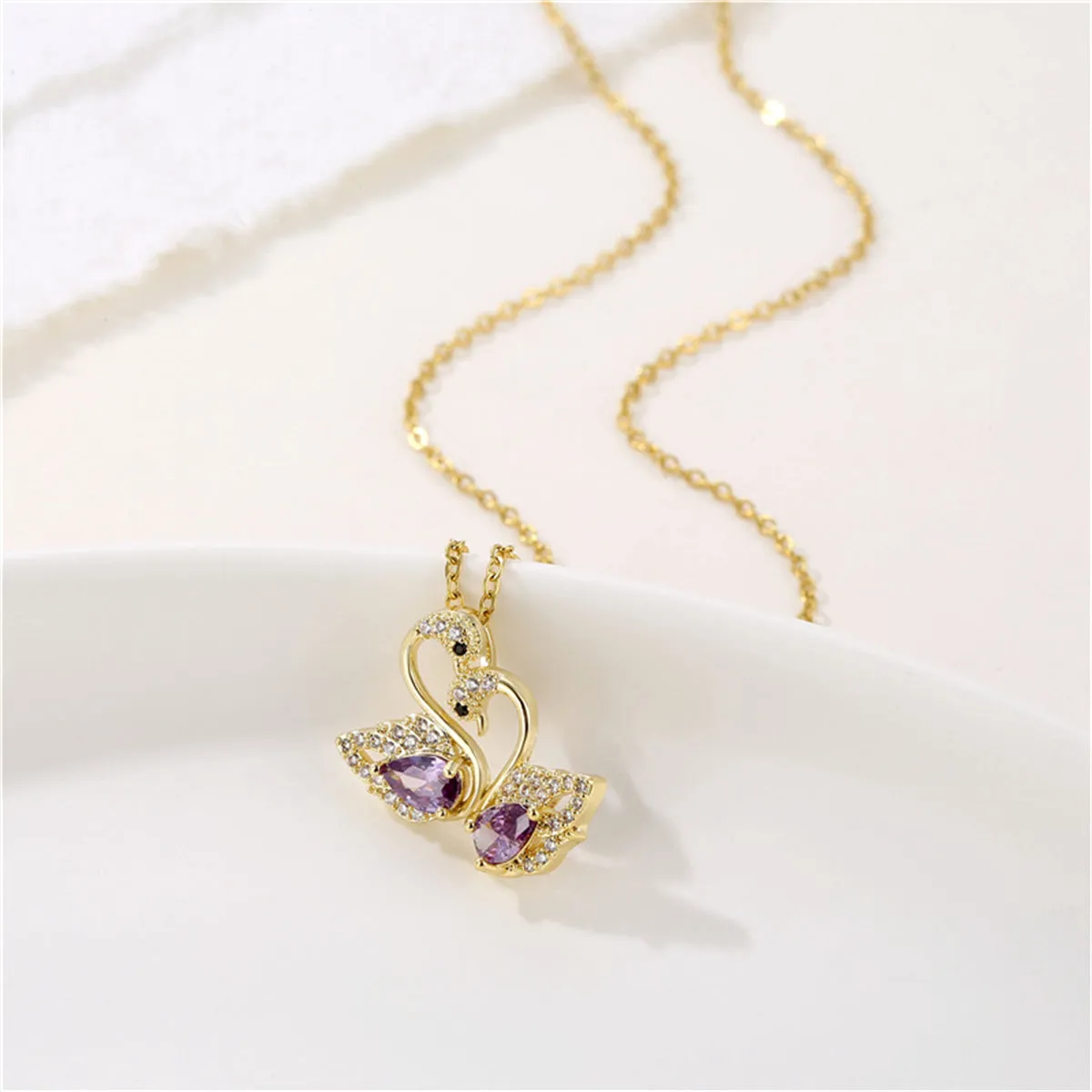 Purple Crystal & Cubic Zirconia 18K Gold-Plated Swan Pendant Necklace