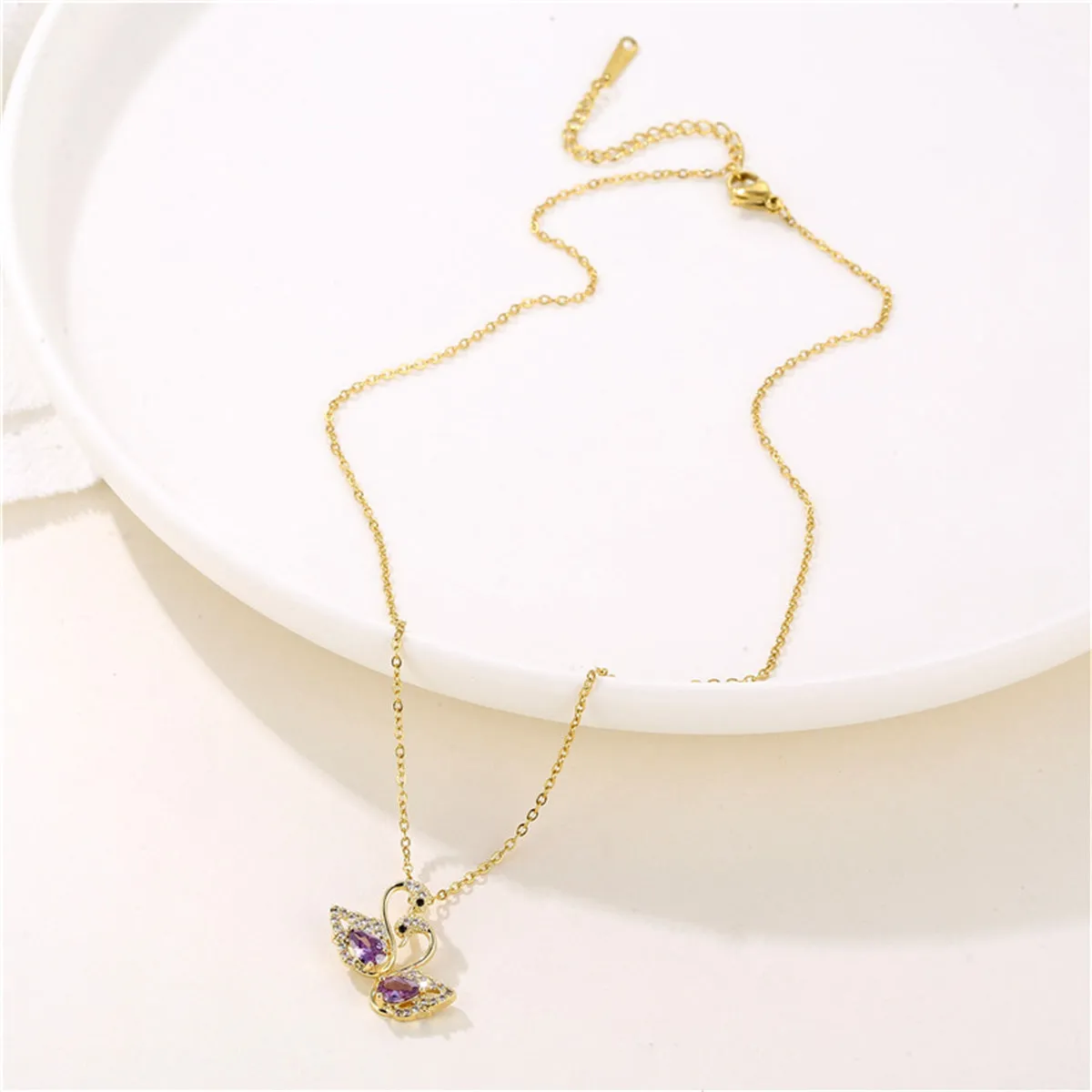 Purple Crystal & Cubic Zirconia 18K Gold-Plated Swan Pendant Necklace