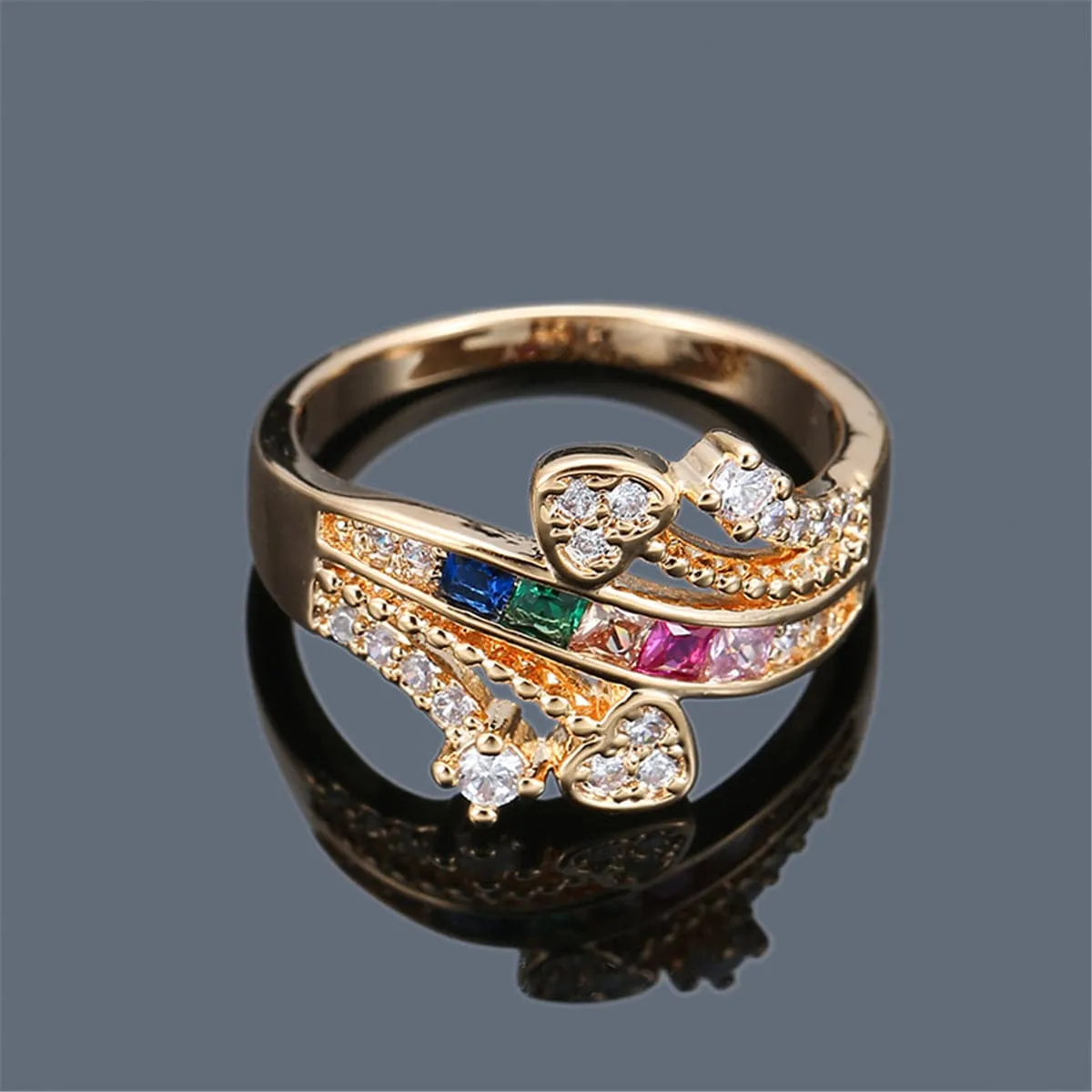 Rainbow Crystal & Cubic Zirconia Double Heart Ring