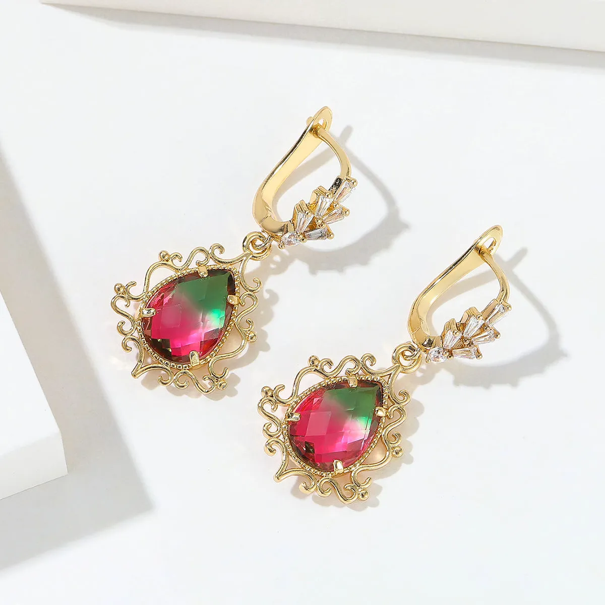 Red Crystal & 18K Gold-Plated Drop Huggie Earrings