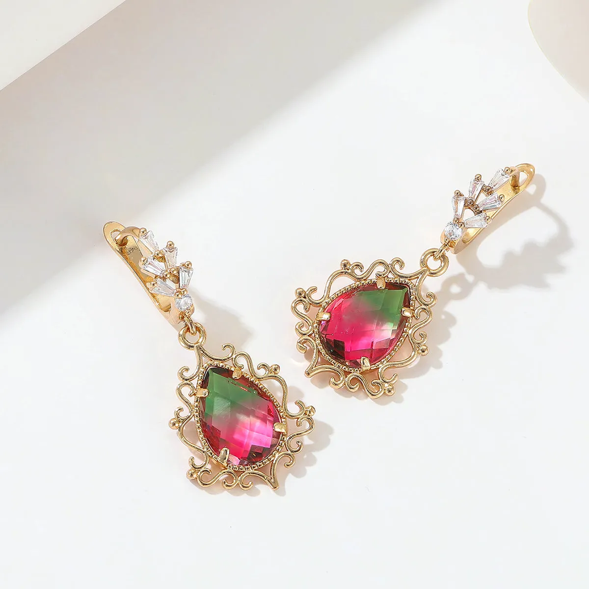 Red Crystal & 18K Gold-Plated Drop Huggie Earrings