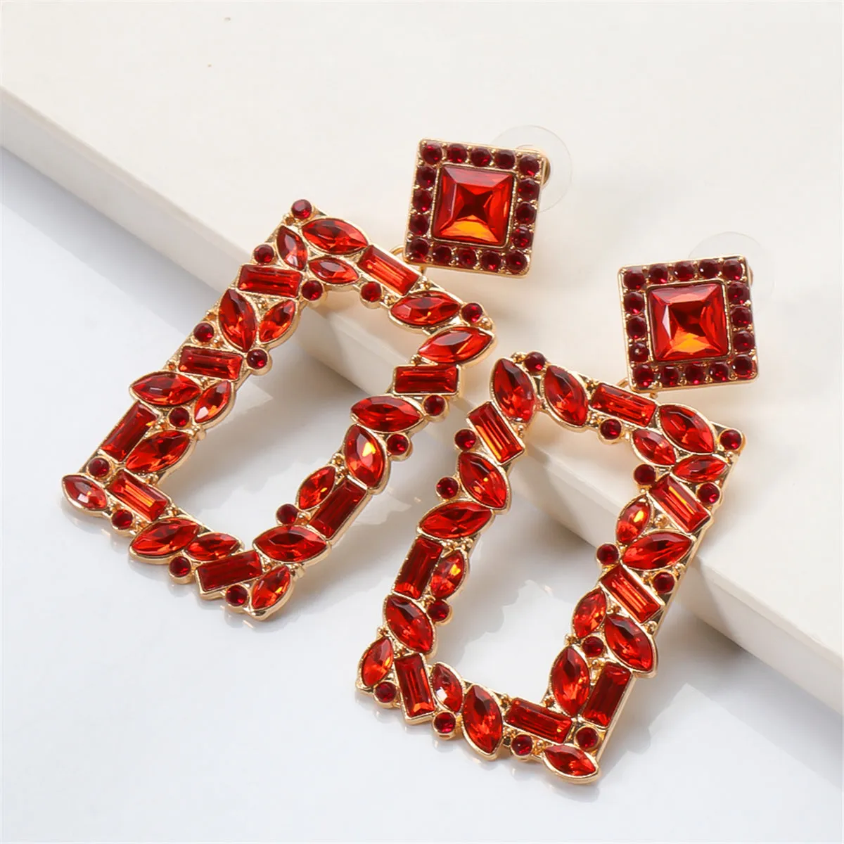 Red Crystal & Cubic Zirconia 18K Gold-Plated Open-Rectangle Drop Earrings