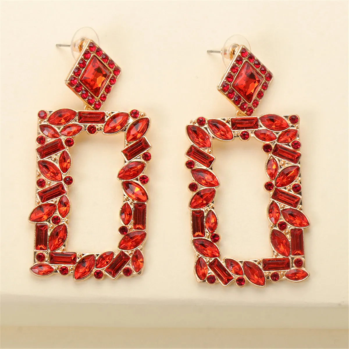 Red Crystal & Cubic Zirconia 18K Gold-Plated Open-Rectangle Drop Earrings