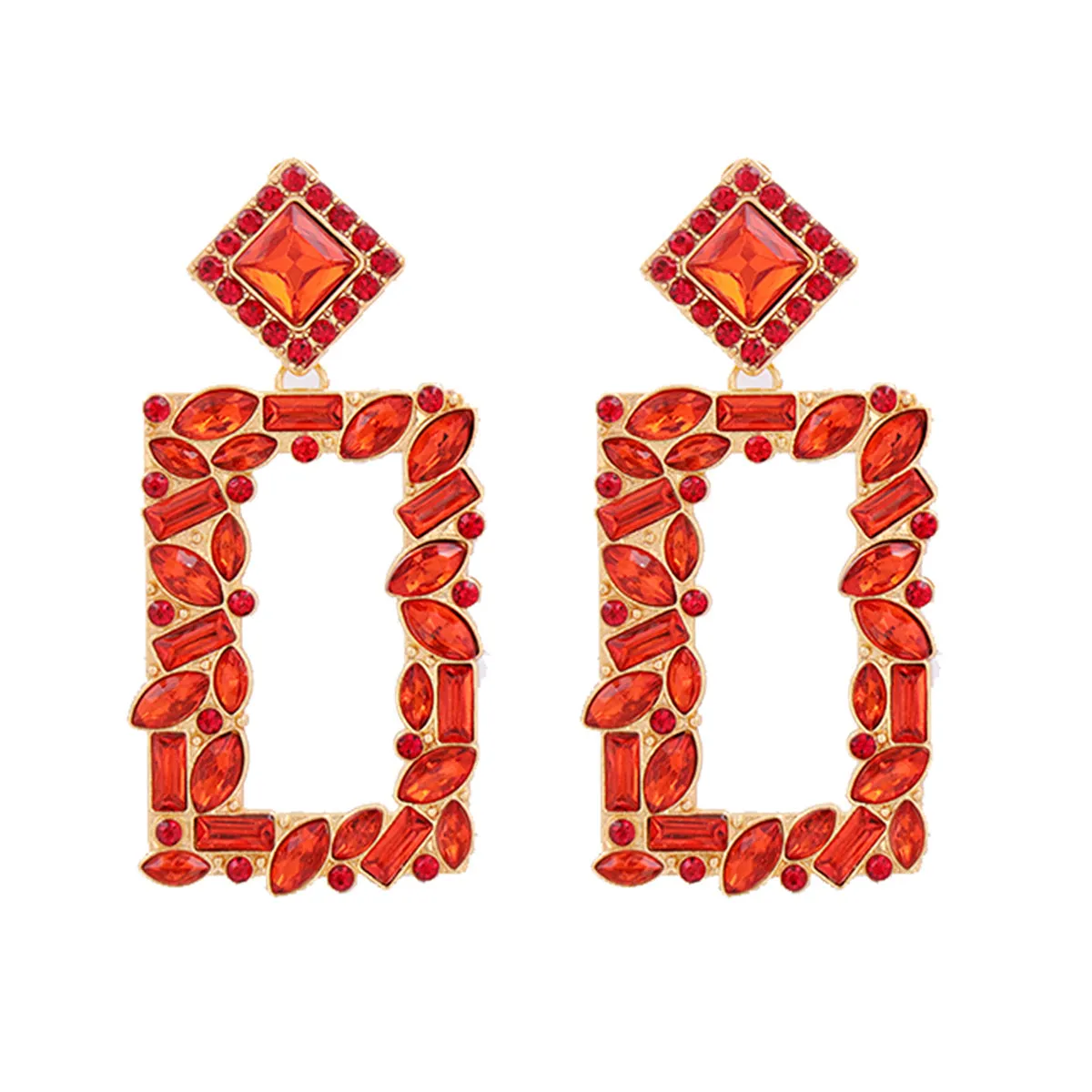 Red Crystal & Cubic Zirconia 18K Gold-Plated Open-Rectangle Drop Earrings