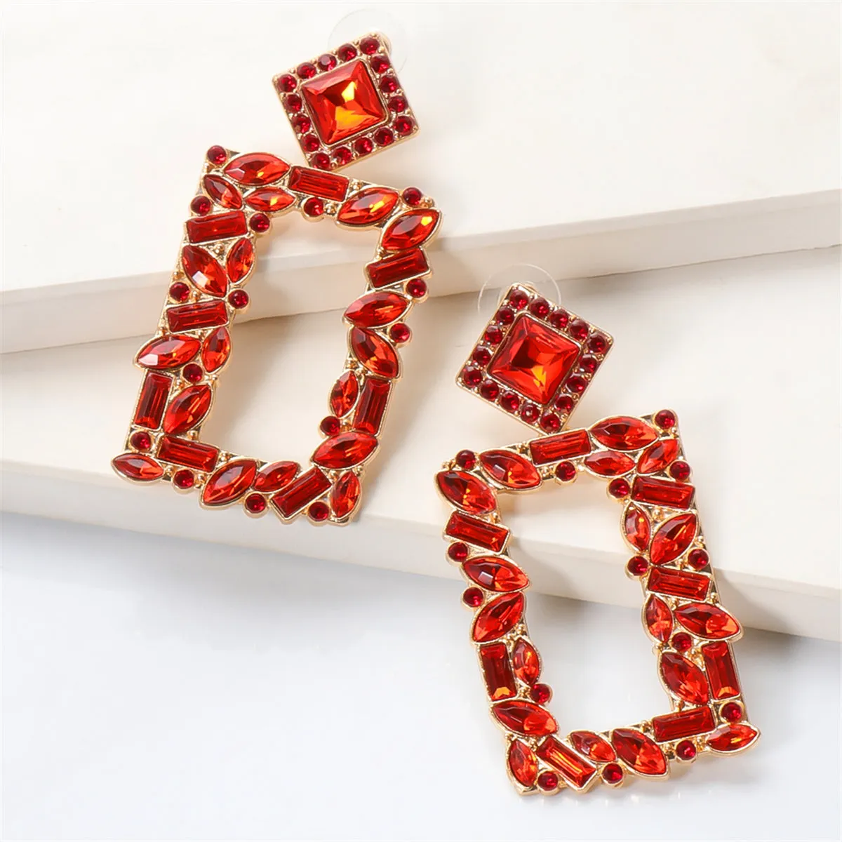 Red Crystal & Cubic Zirconia 18K Gold-Plated Open-Rectangle Drop Earrings