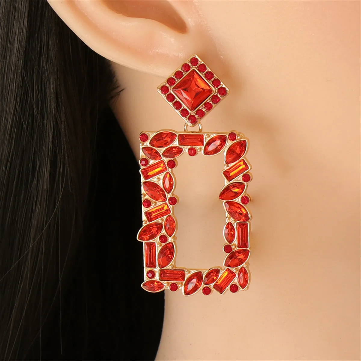 Red Crystal & Cubic Zirconia 18K Gold-Plated Open-Rectangle Drop Earrings