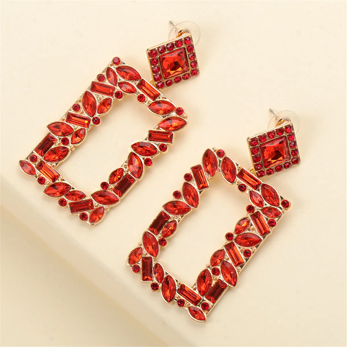 Red Crystal & Cubic Zirconia 18K Gold-Plated Open-Rectangle Drop Earrings