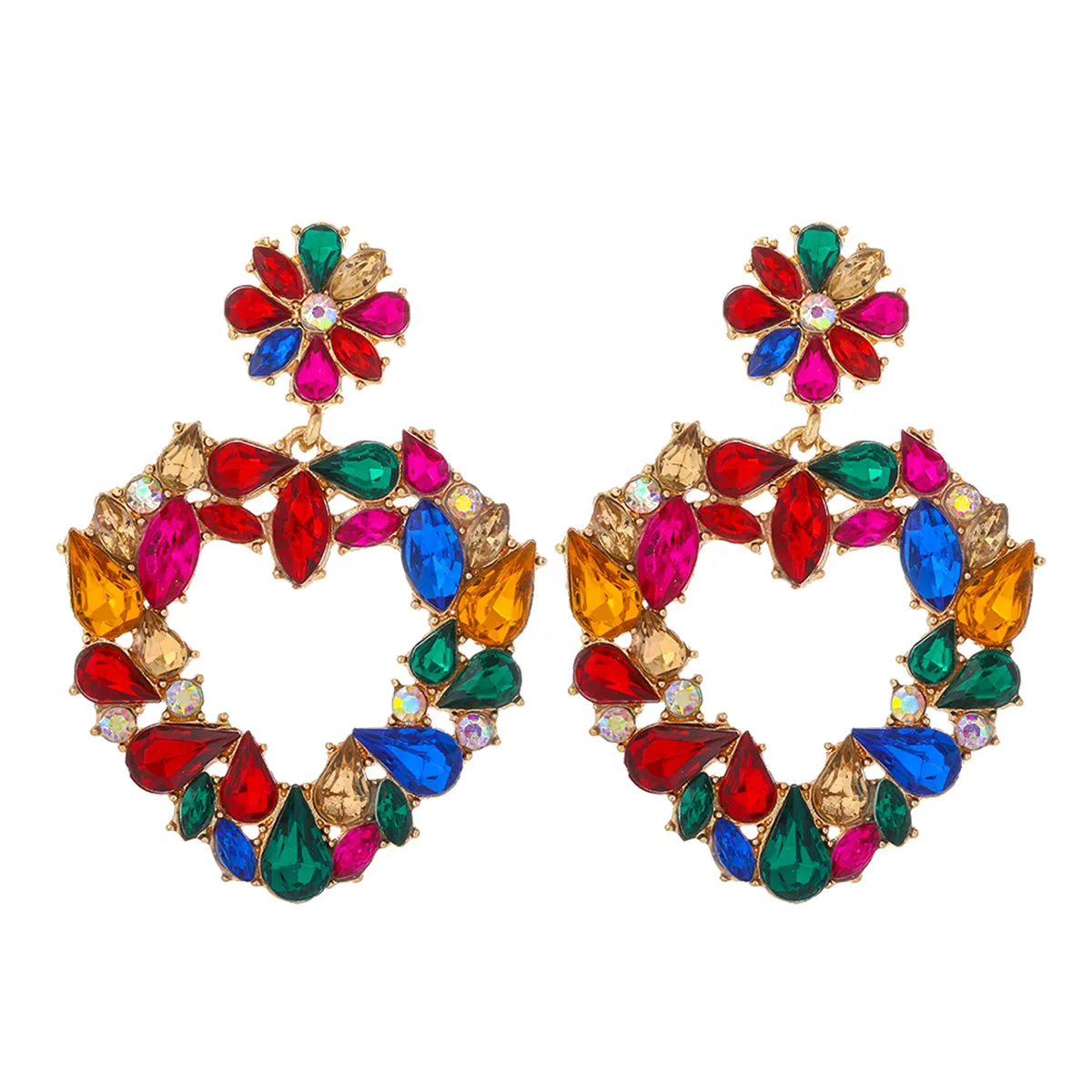 Red Crystal & Cubic Zirconia Open Heart Drop Earrings