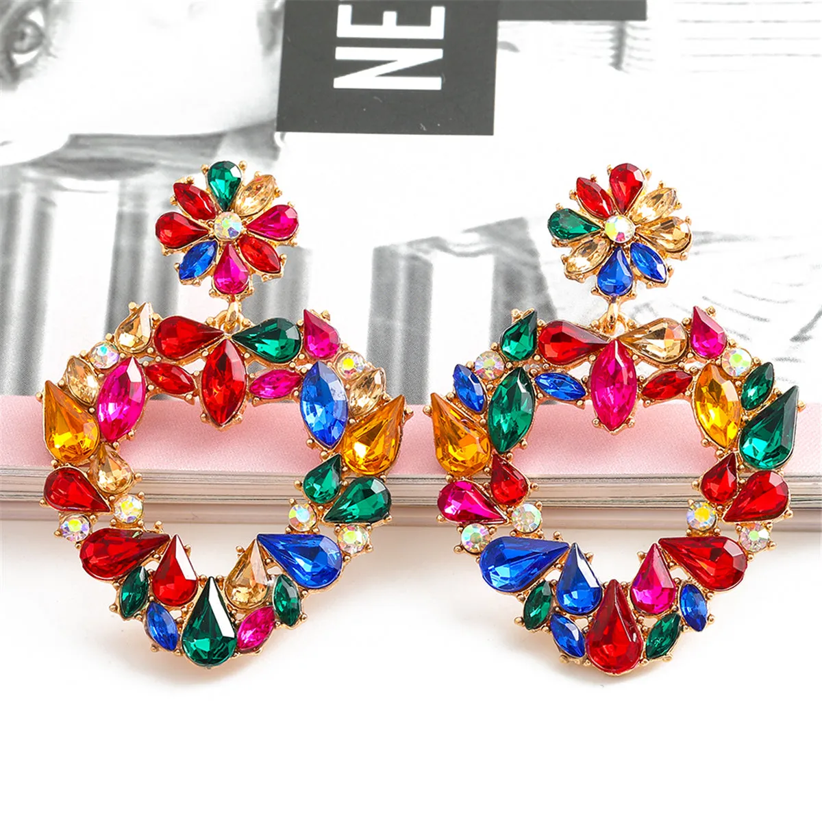 Red Crystal & Cubic Zirconia Open Heart Drop Earrings