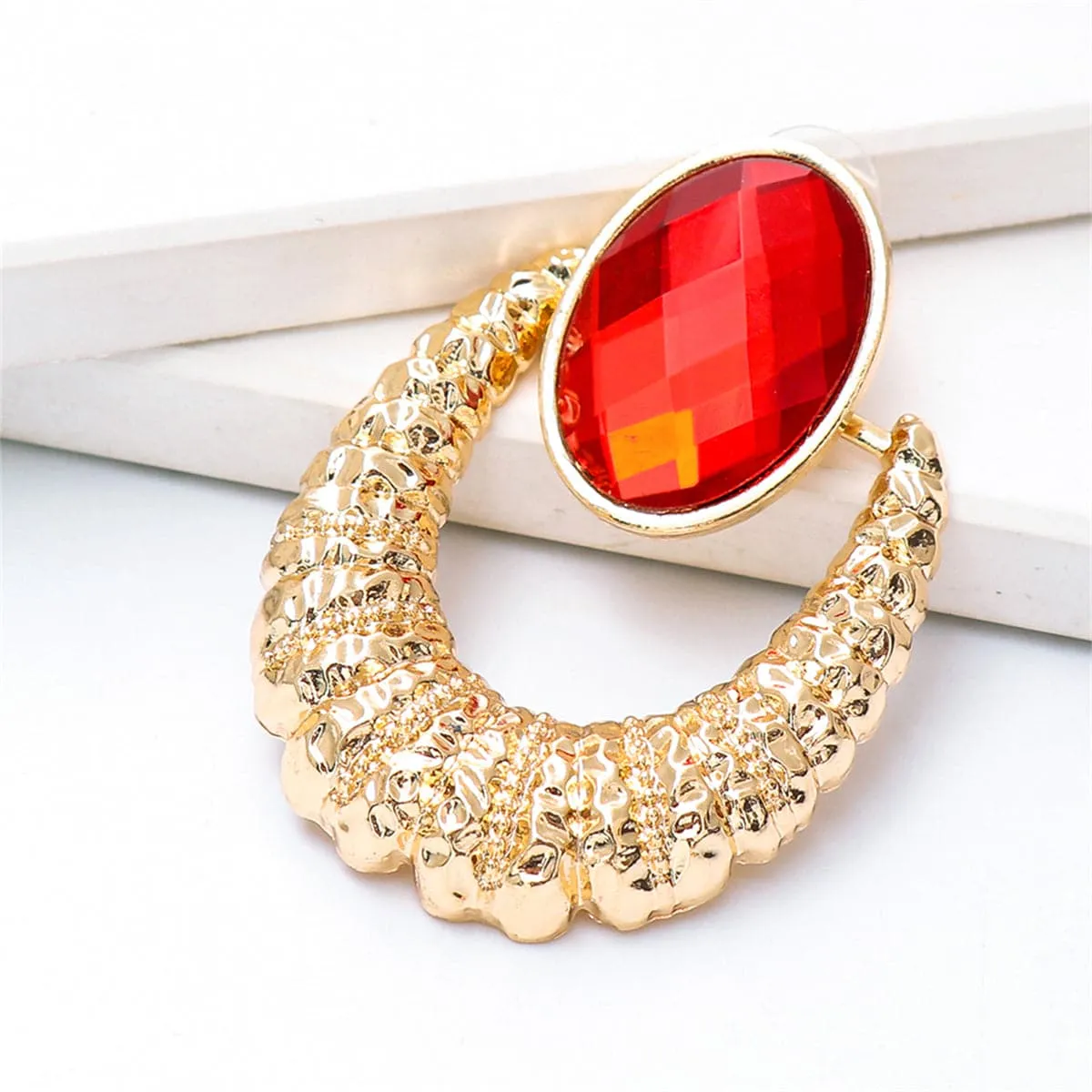 Red Oval Crystal & 18K Gold-Plated Catch Drop Earrings