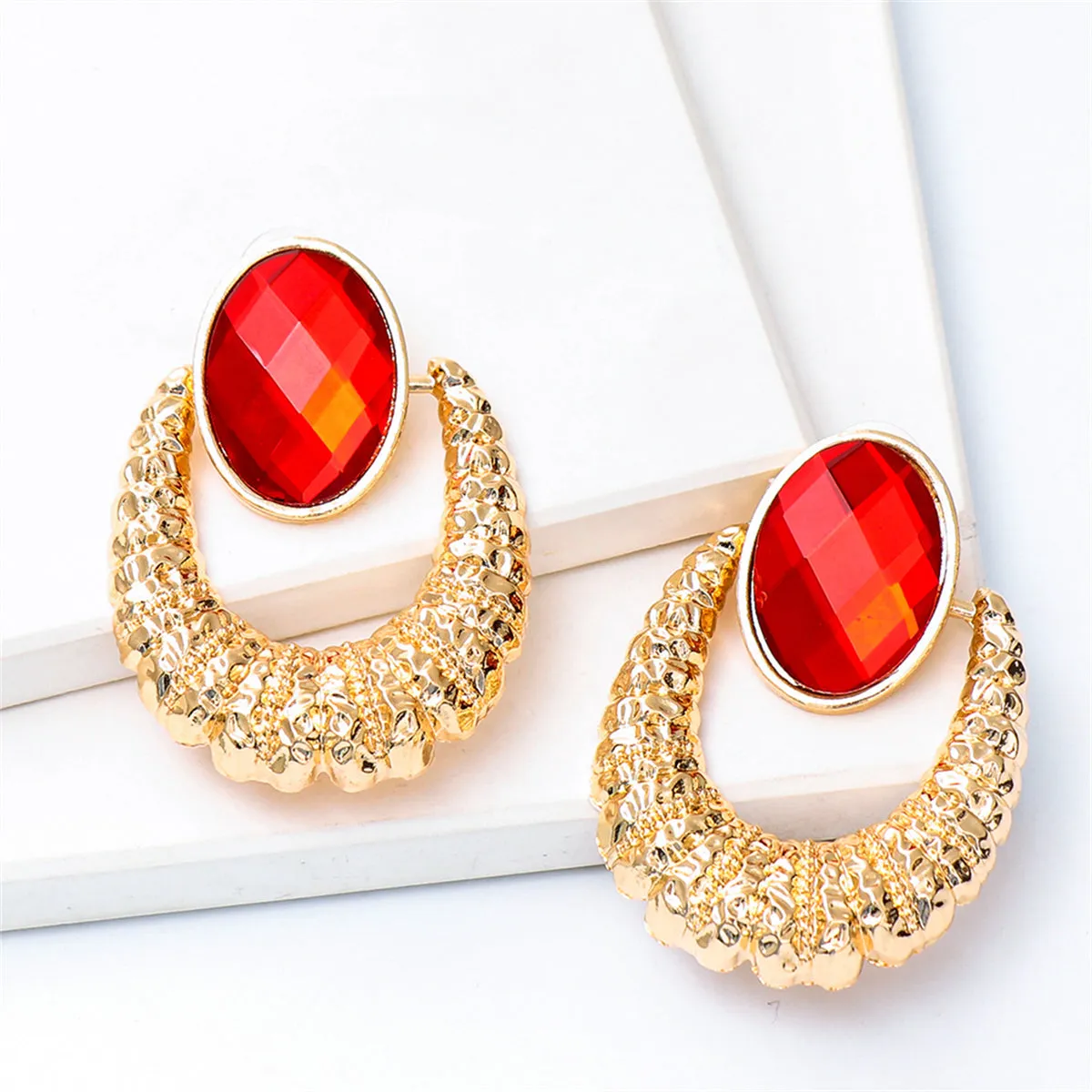 Red Oval Crystal & 18K Gold-Plated Catch Drop Earrings