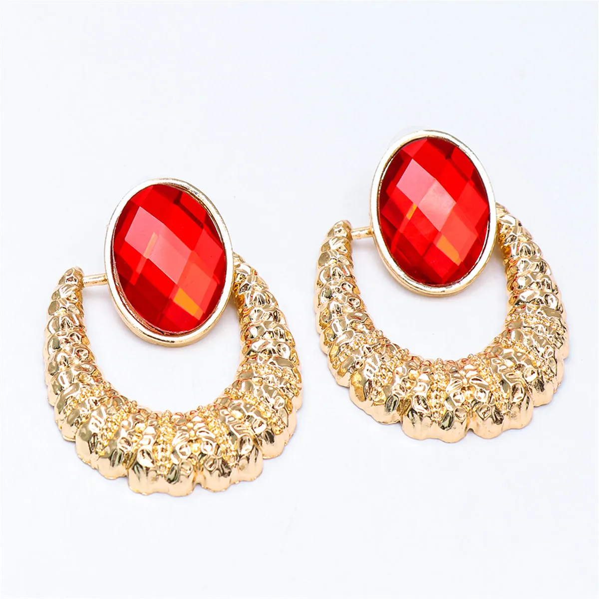 Red Oval Crystal & 18K Gold-Plated Catch Drop Earrings