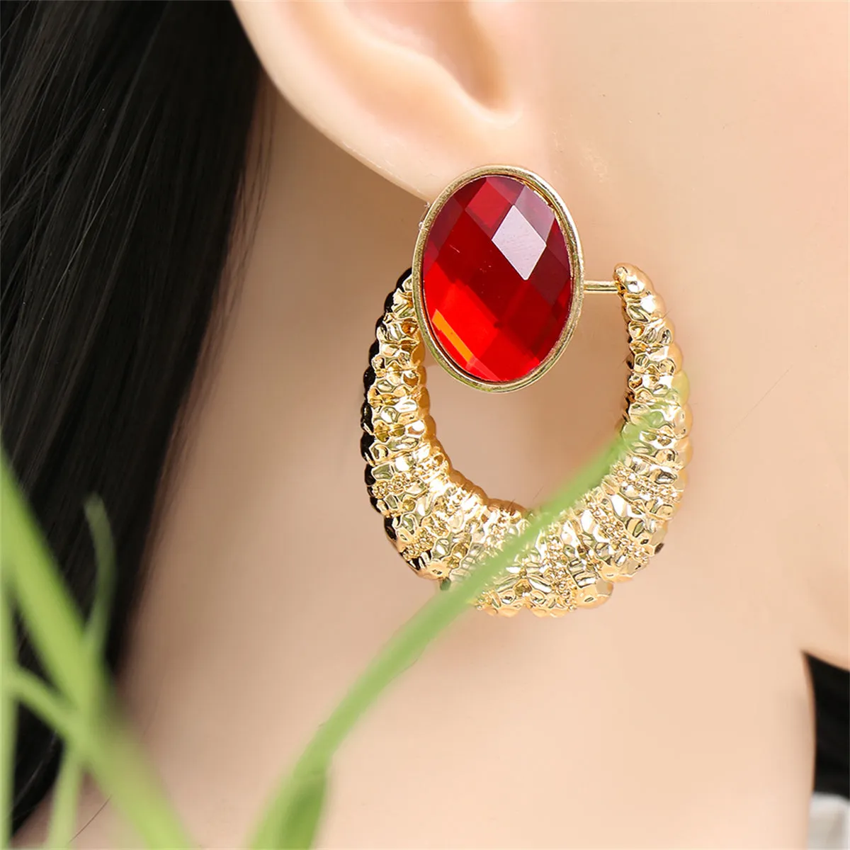 Red Oval Crystal & 18K Gold-Plated Catch Drop Earrings