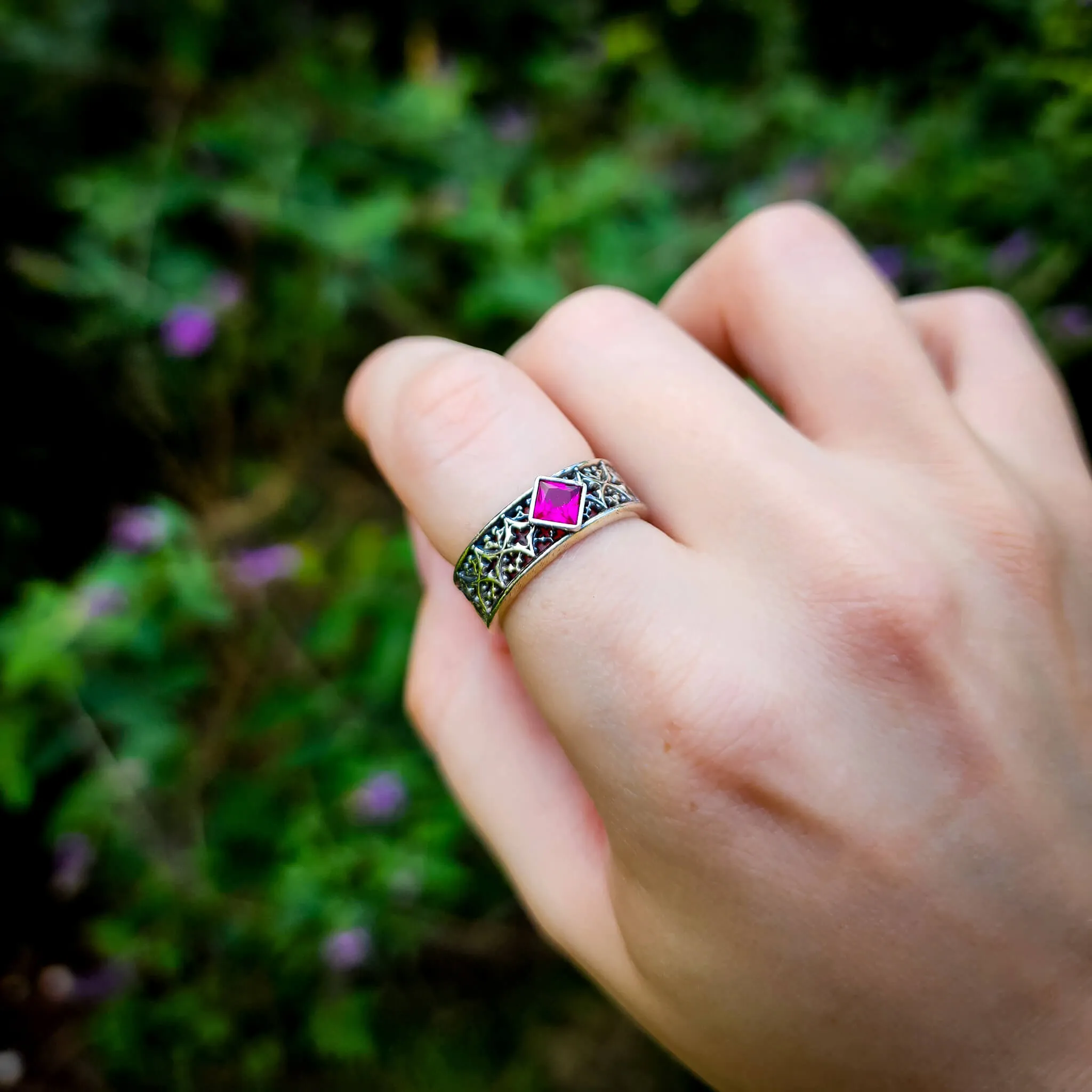 Ruby Silver Gothic Band Ring