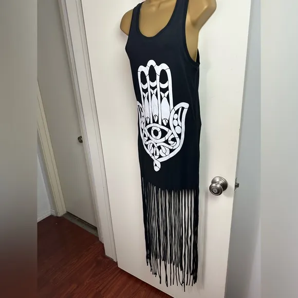 SABO SKIRT Black Hamsa Hand Fish Gothic Tank Dress With Long Fringe Bottom S
