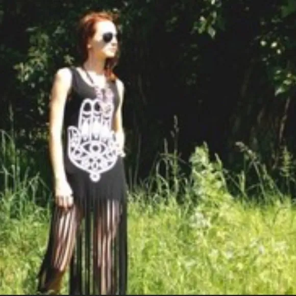 SABO SKIRT Black Hamsa Hand Fish Gothic Tank Dress With Long Fringe Bottom S