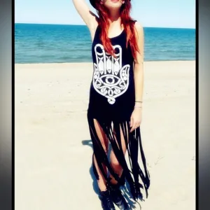 SABO SKIRT Black Hamsa Hand Fish Gothic Tank Dress With Long Fringe Bottom S