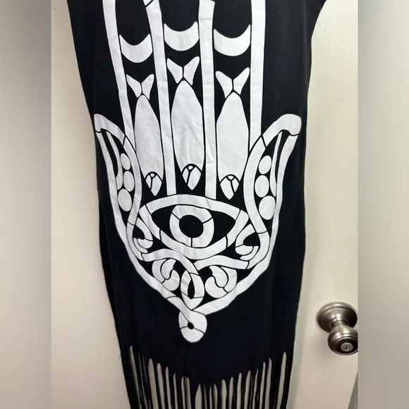 SABO SKIRT Black Hamsa Hand Fish Gothic Tank Dress With Long Fringe Bottom S