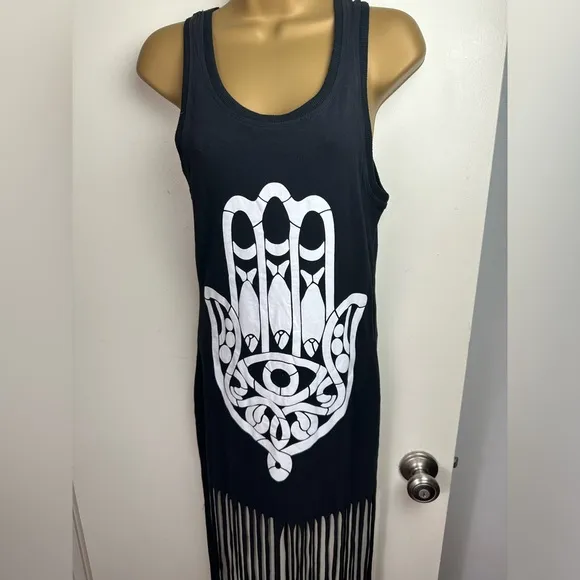 SABO SKIRT Black Hamsa Hand Fish Gothic Tank Dress With Long Fringe Bottom S