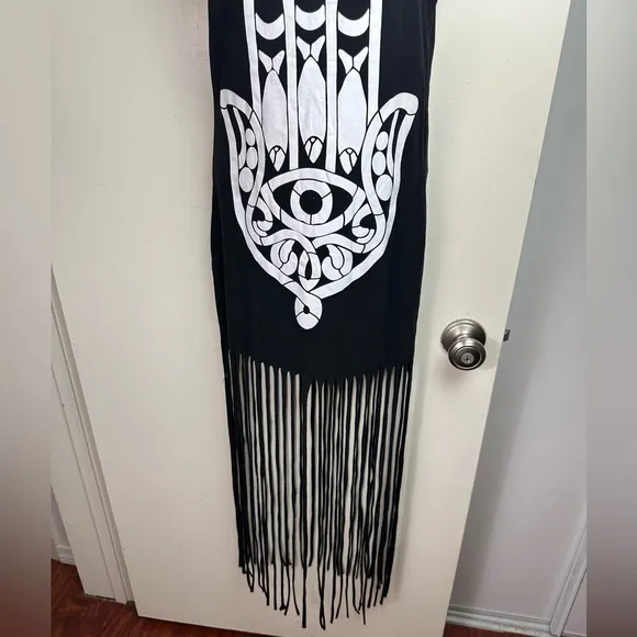 SABO SKIRT Black Hamsa Hand Fish Gothic Tank Dress With Long Fringe Bottom S
