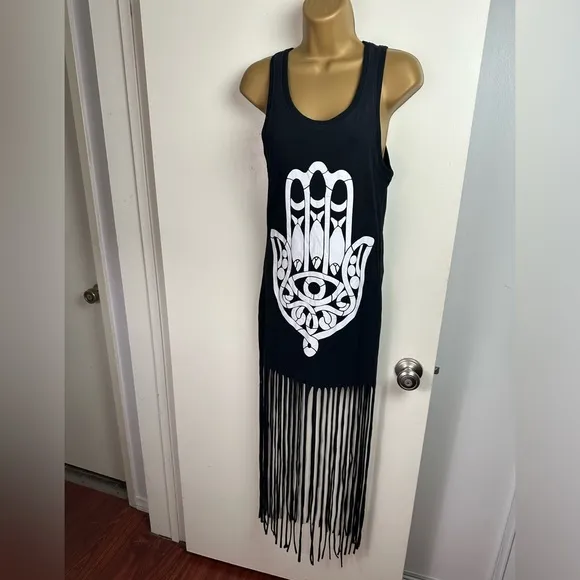 SABO SKIRT Black Hamsa Hand Fish Gothic Tank Dress With Long Fringe Bottom S