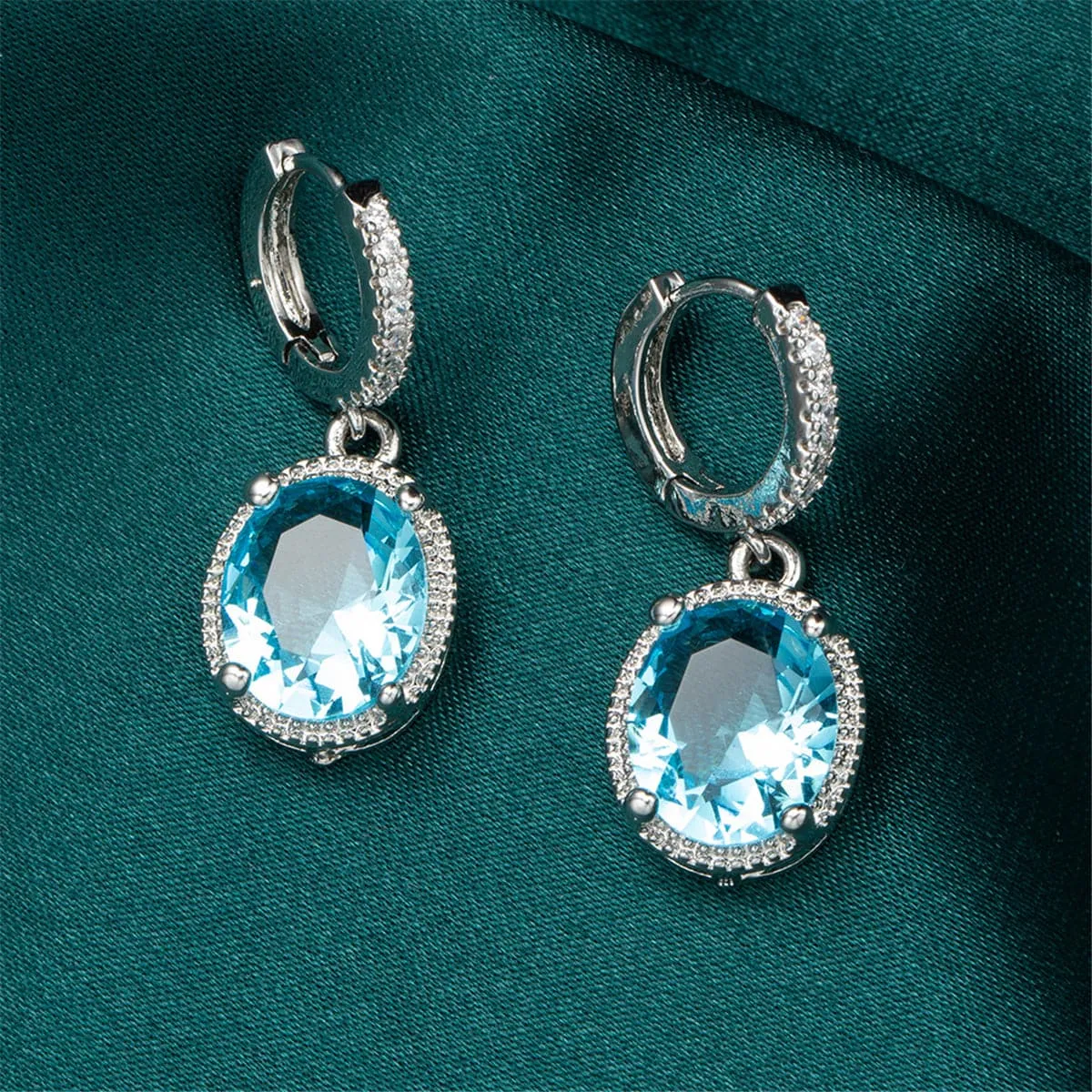 Sea Blue Crystal & Silver-Plated Halo Oval Drop Earrings