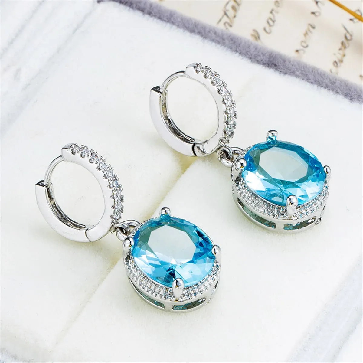 Sea Blue Crystal & Silver-Plated Halo Oval Drop Earrings