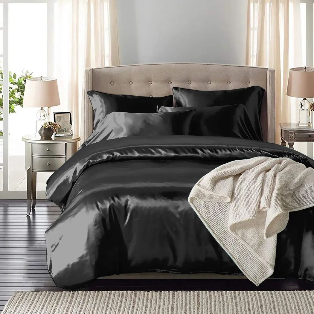Silk Satin Quilt Duvet Cover Set in King Size in Black Colour