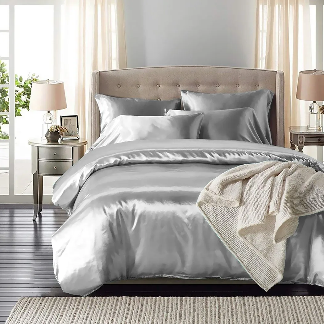 Silk Satin Quilt Duvet Cover Set in Single Size in Silver Colour