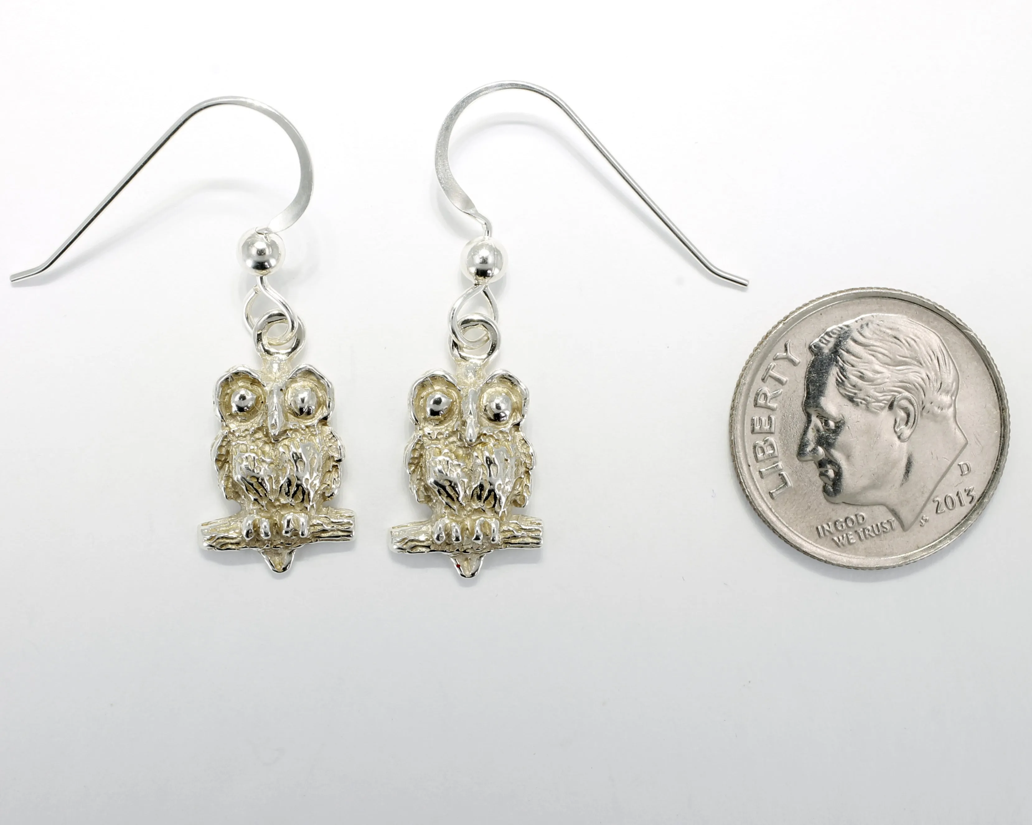 Silver Owl Earrings with Big Eyes 925 Sterling Silver Dangle Earrings