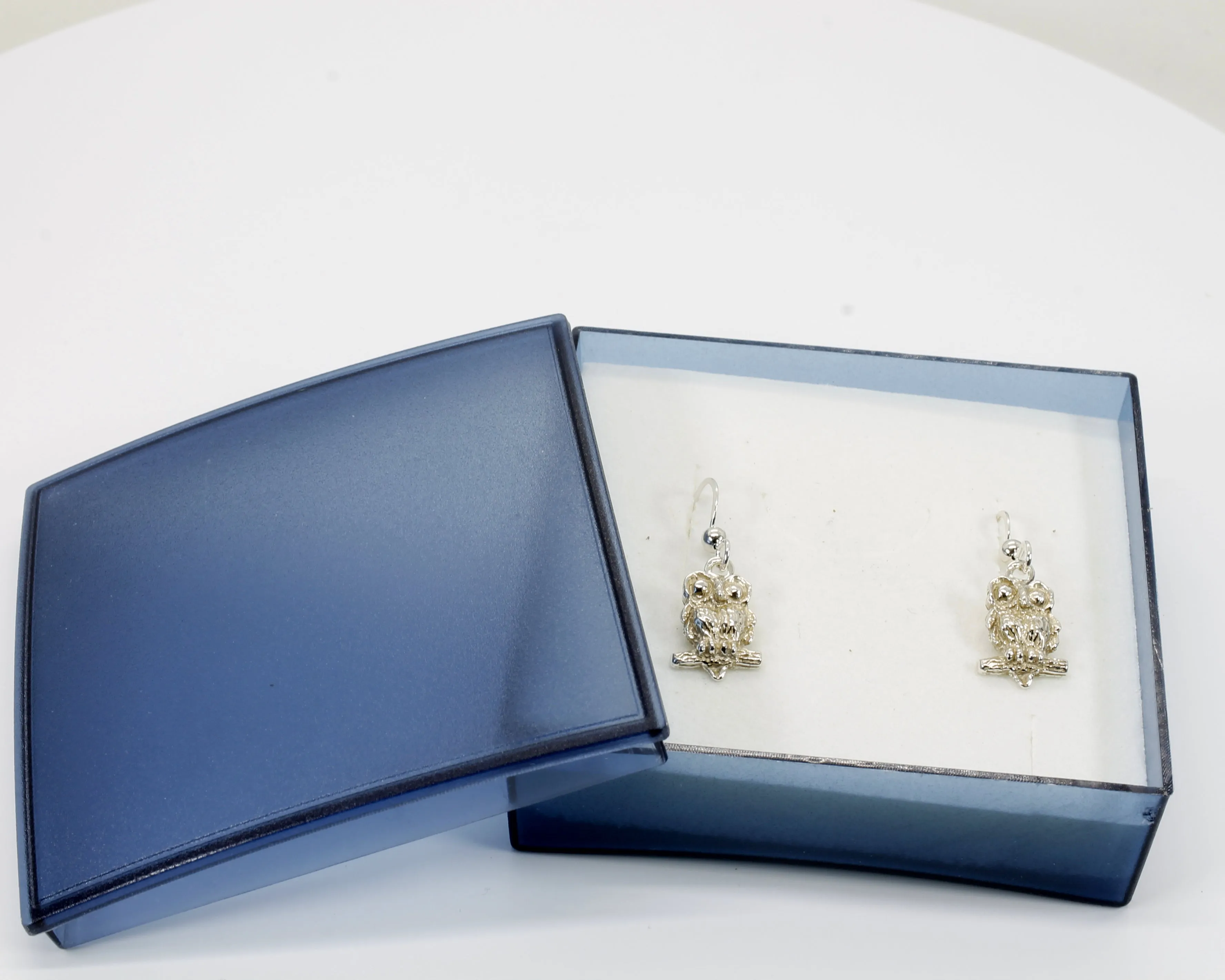 Silver Owl Earrings with Big Eyes 925 Sterling Silver Dangle Earrings