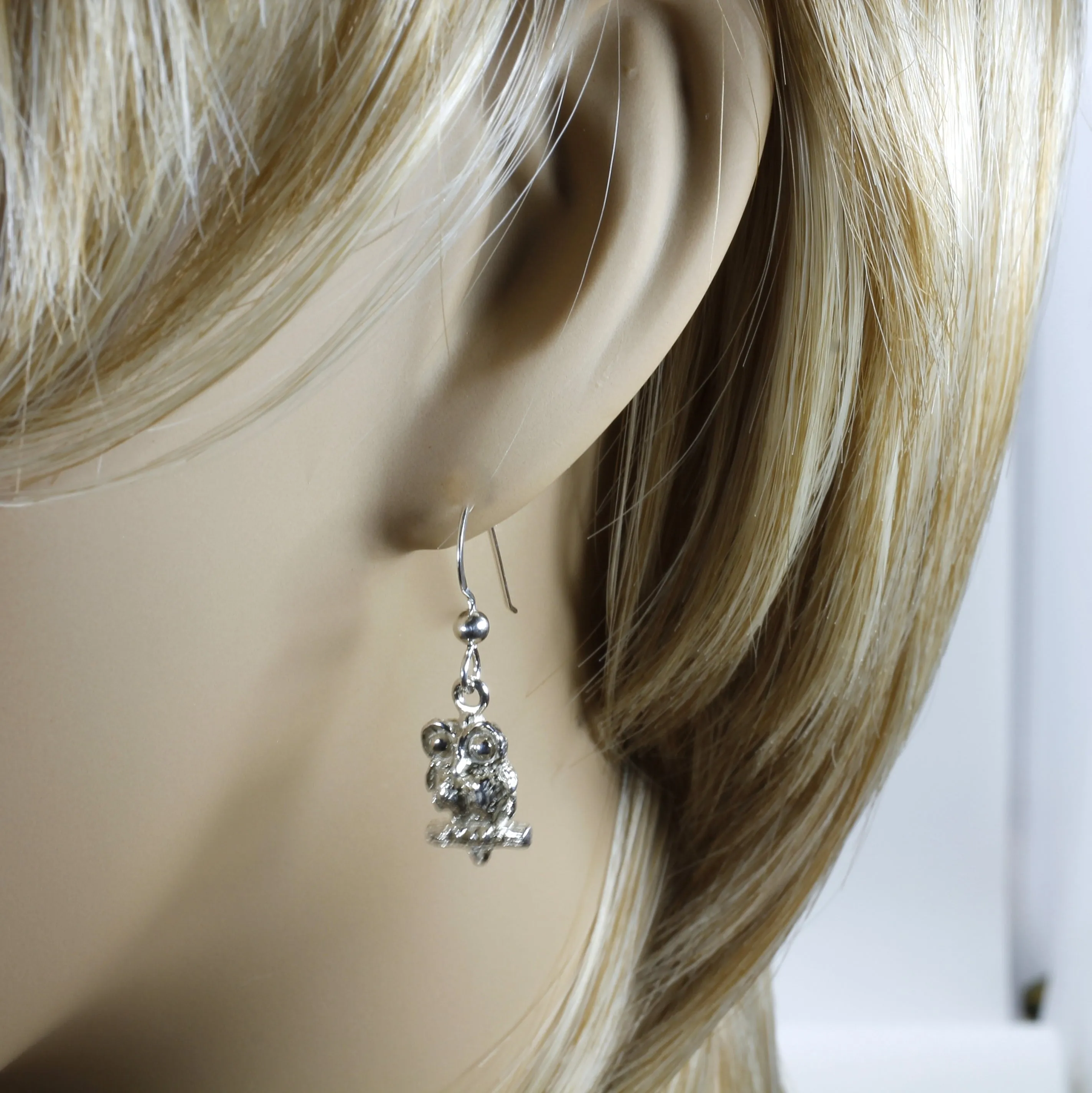 Silver Owl Earrings with Big Eyes 925 Sterling Silver Dangle Earrings