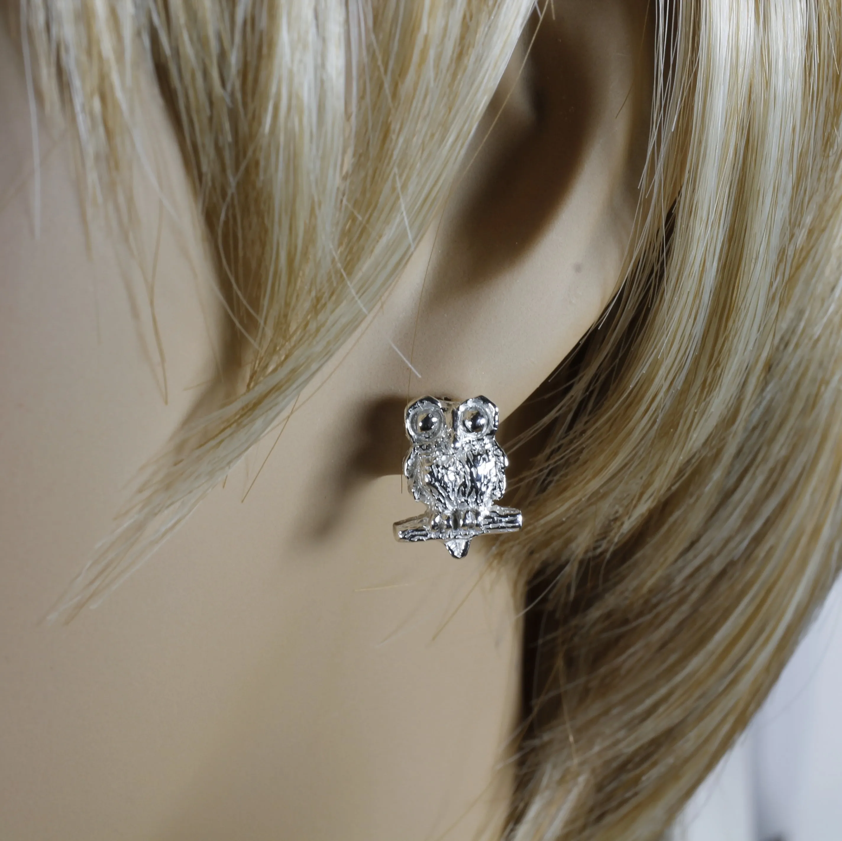 Silver Owl Earrings with Big Eyes 925 Sterling Silver Post Earring