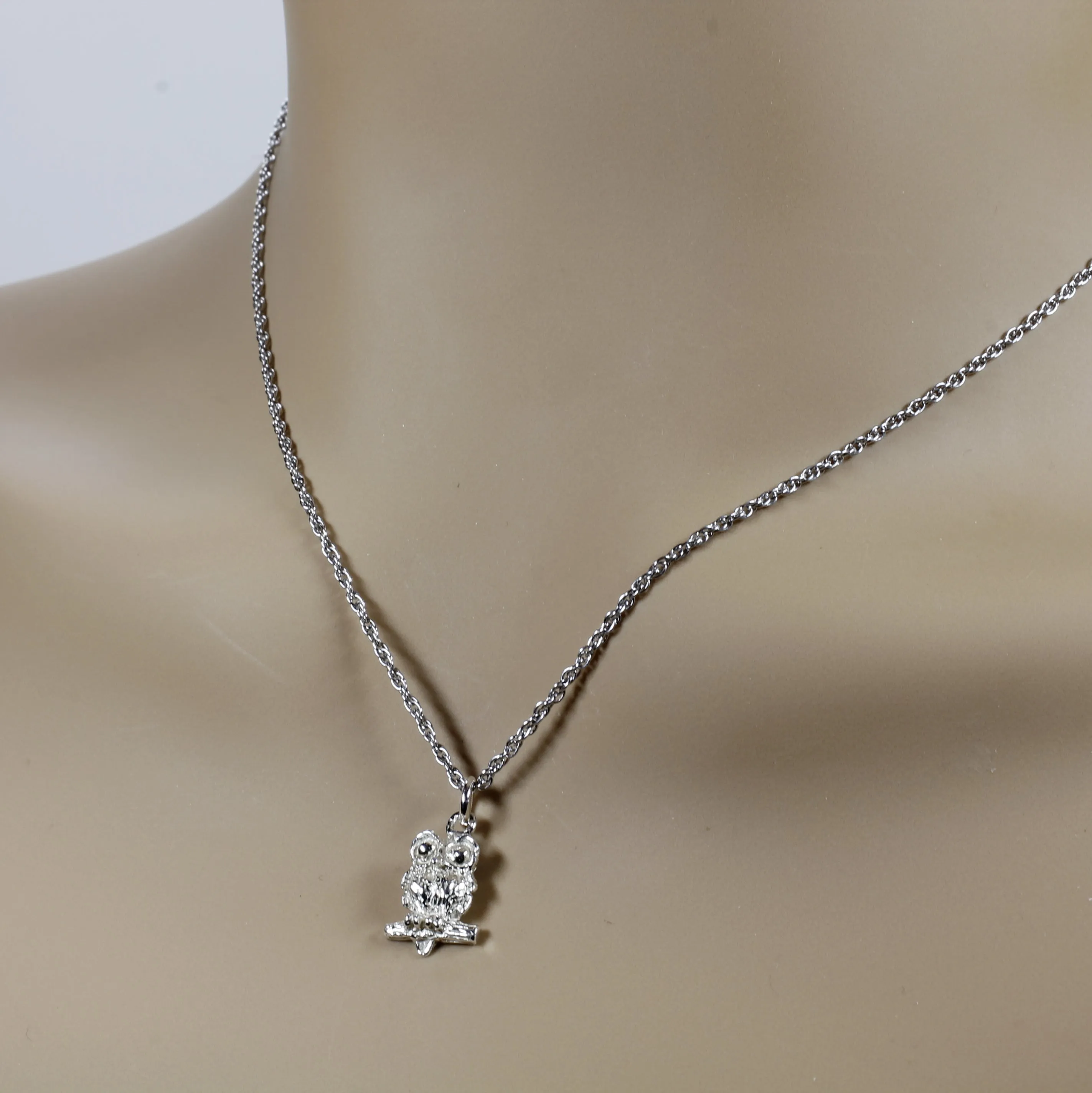 Silver Owl Necklace with Big Eyes 925 Sterling Silver owl in tiny size